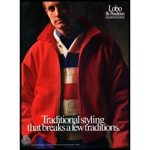 1987 Lobo by Pendleton Vintage Print Ad Striped Wool Sweater Red Coat Wall Art
